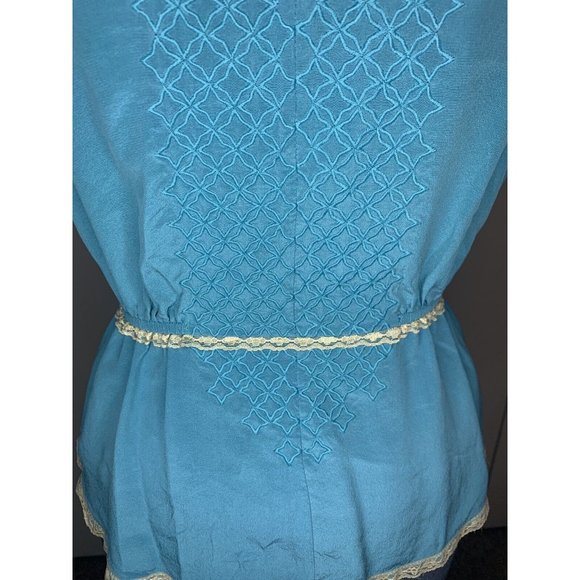 Vintage QS Silk Tank Peacock Blue Gray Lace Trim & Buttons Sleeveless Top Size S - Picture 3 of 12